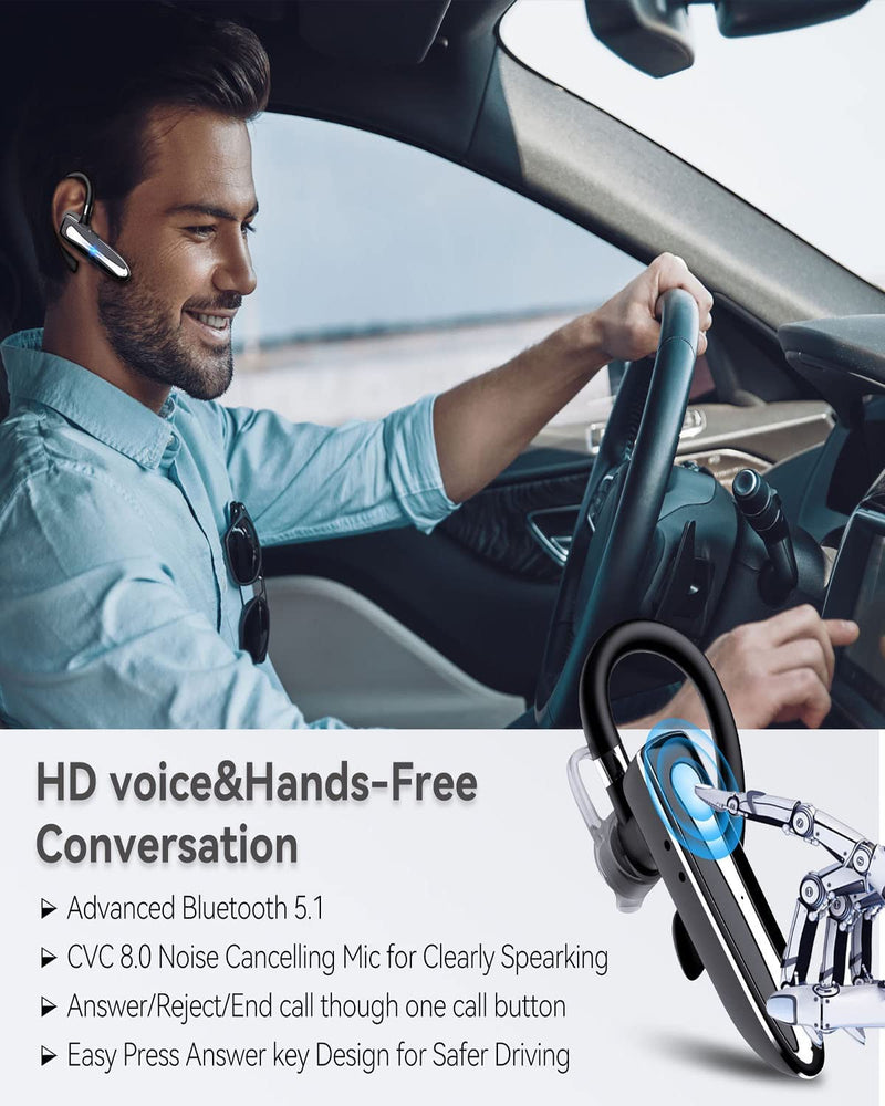 Bluetooth Headset, Wireless Bluetooth 5.0 Earpiece Hands-Free Earphones with Stereo Mic,8 Hrs Play time, Compatible iPhone Android Cell Phones Driving, Business, Office