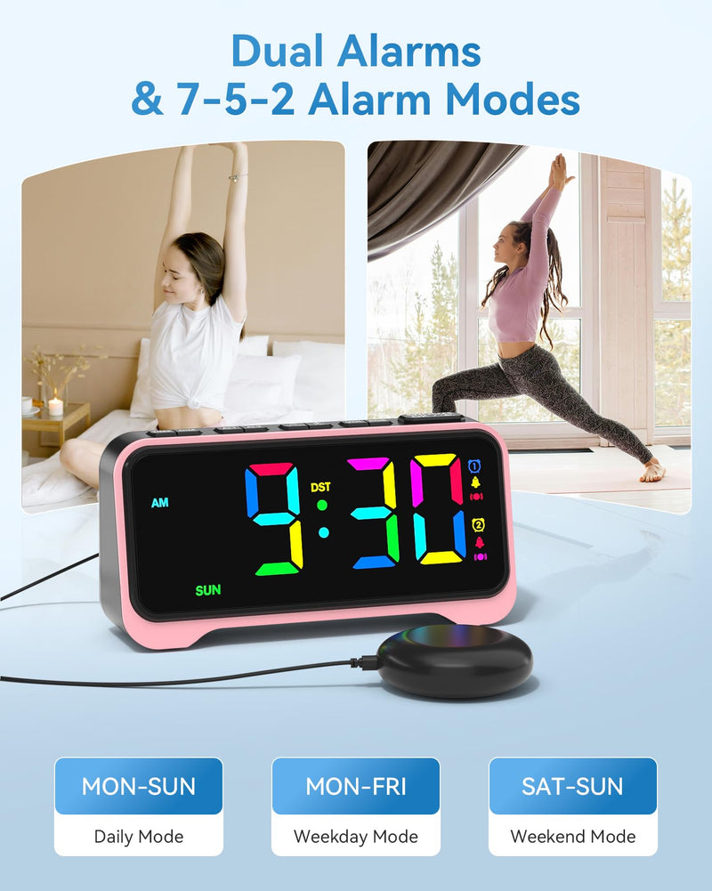 Loud Alarm Clock for Heavy Sleepers Adults, Bed Shaker Alarm Clock with 10-Color Modes/Night Light/USB Charger/7 Dimmer/Battery Backup, Vibrating Alarm Clocks for Hearing Impaired Deaf, Kids, Teens Pink With Bed Shaker