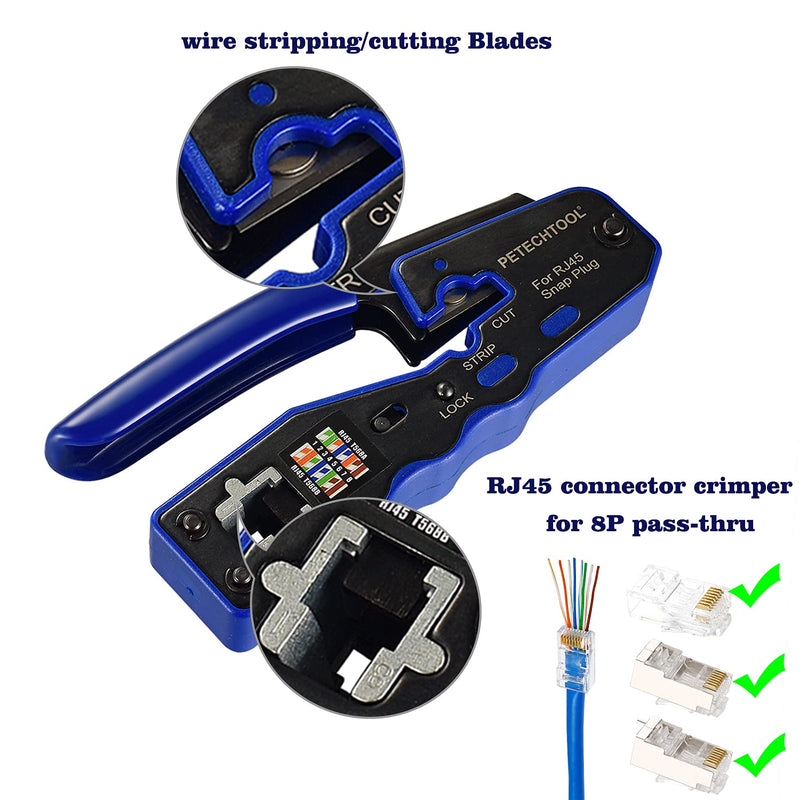 RJ45 Crimp Tool for Cat5e Cat6 Cat6a Pass Thrugh Connectors with 20 pieces Cat6 Connectors and 20 Pieces Boots RJ45 Crimper Kit