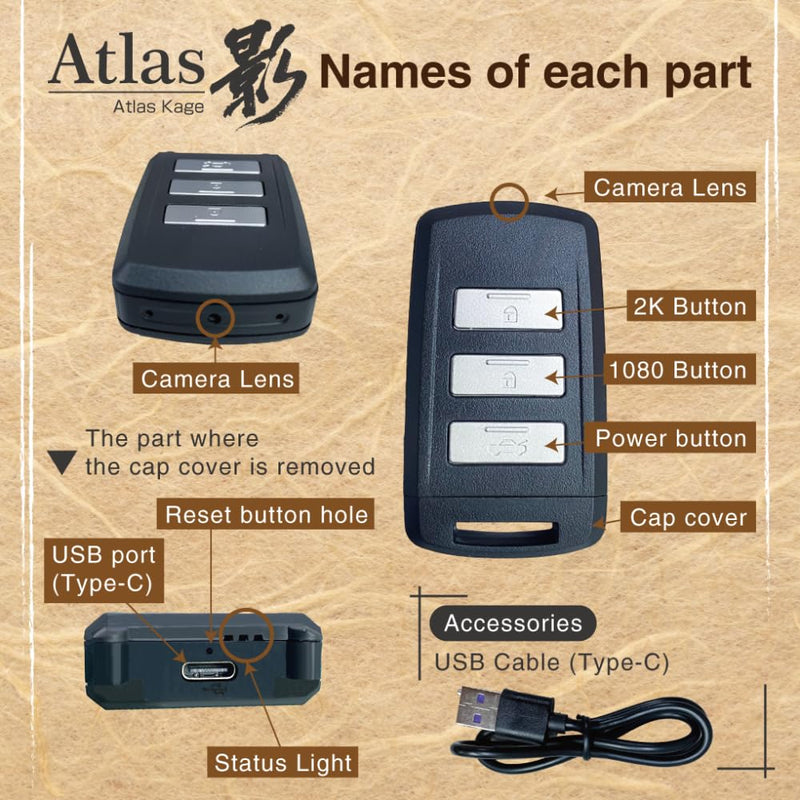 匠ブランド Takumi Premium – Atlas Kage Made in Japan 2K Hidden Camera (No Audio Recording) with Built-in 128GB Memory and Compact Key-Shaped Design