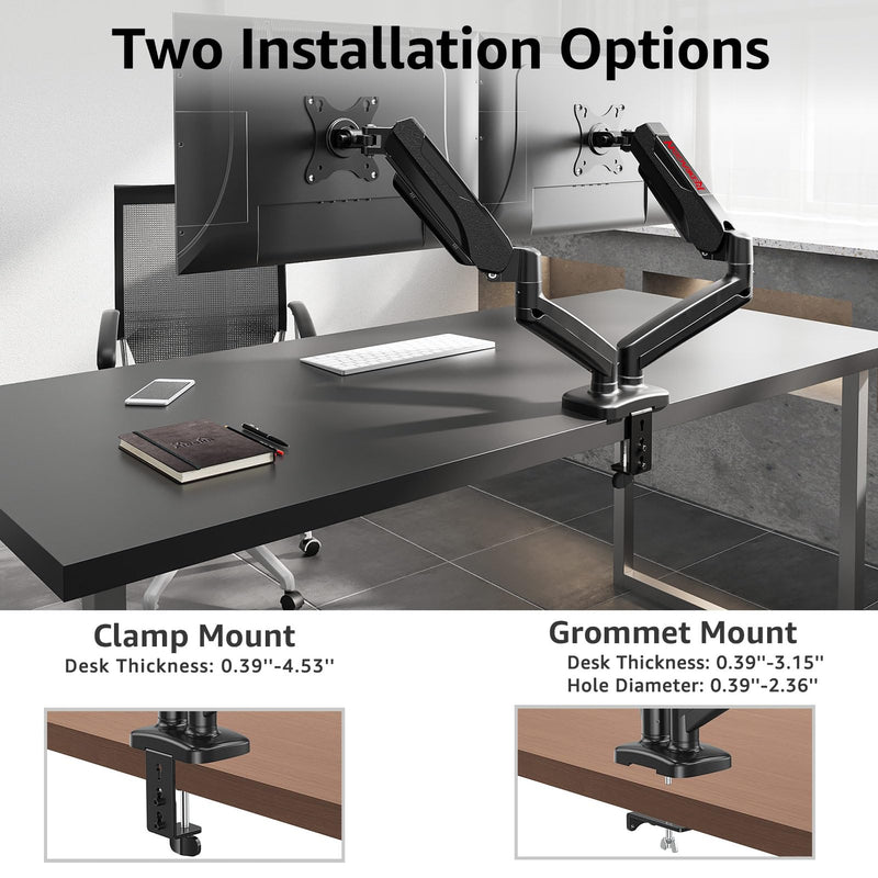 Redragon GMK915 Dual Monitor Mount Stand - Gas Spring Adjustable Arms with VESA 75/100mm, 13-32 Inch Screen Compatibility, C Clamp & Grommet Base, Cable Management, 17.6lbs Load Capacity Up to 32" Screens