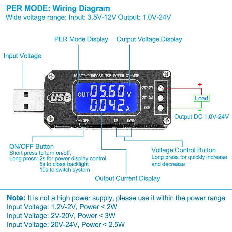 DC-DC CNC USB Step Up/Down Power Supply Regulator Module 3.5V-12V to 1.0V-24V 2-3W, Adjustable Boost Buck Voltage Converter Digital Display Voltmeter Ammeter Battery Capacity Tester