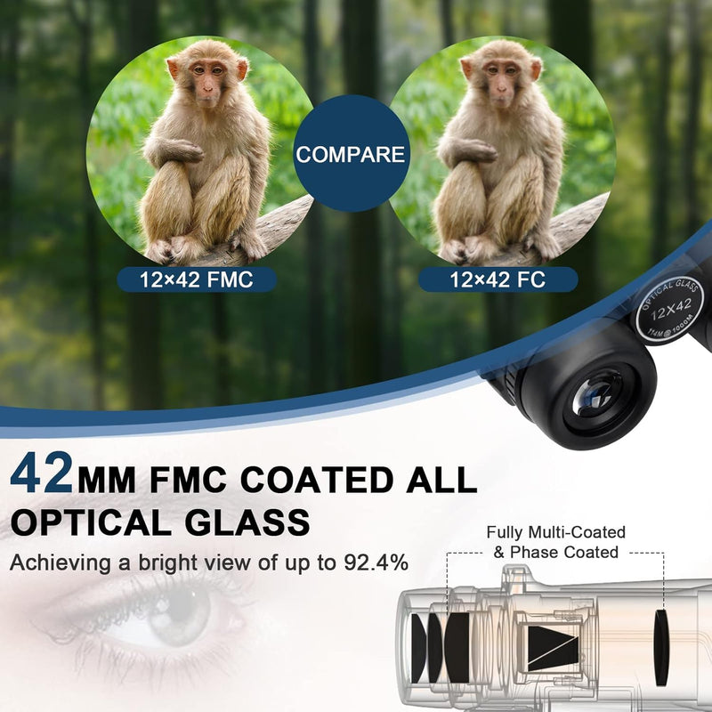 12x42 HD Waterproof Binoculars for Adults, Compact Binocular for Bird Watching (Black) | High Powered Binoculars BAK4 Prism FMC Lens, Binoculars for Hunting, Bird Watching, Travel Sports World Cup Games, Black