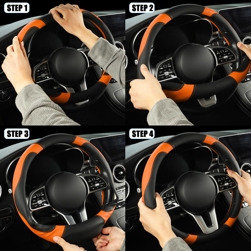  [AUSTRALIA] - Leather Steering Wheel Cover, Breathable, Anti Slip & Odor Free, Black and Orange Black Orange Round-Middle[14.5''-15'']
