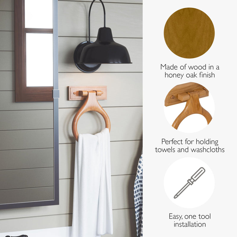 Dalton 4-Piece Bathroom Accessory Set, Honey Oak, Includes Towel Bar, Towel Ring, Toilet Paper Holder, and Robe Hook – Design House, 561258 4 Piece Set