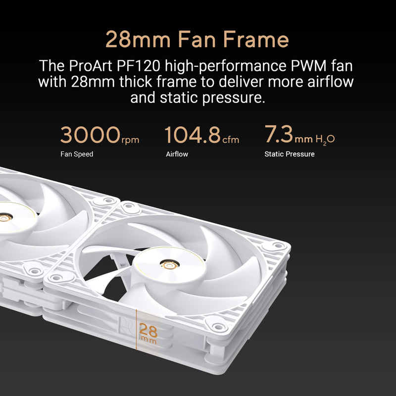 ASUS ProArt PF120 120mm PWM Fan White Edition, 3000RPM, High Airflow/Static Pressure, Daisy-Chain Design 1x 120mm|3000RPM|White