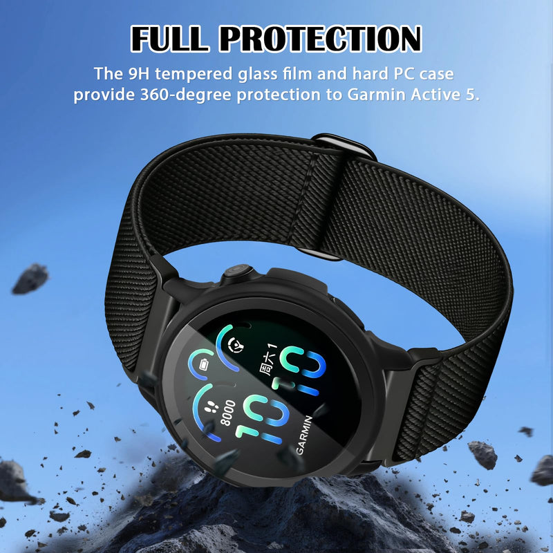 1+1 Compatible for Garmin Active 6 Case with 20mm Watch Band Nylon | 20mm Strap for Garmin Vivoactive 6 Watch Band Nylon with Hard PC Active 6 Case Black, Quick Release, Anti-scratch vivoactive 6 black