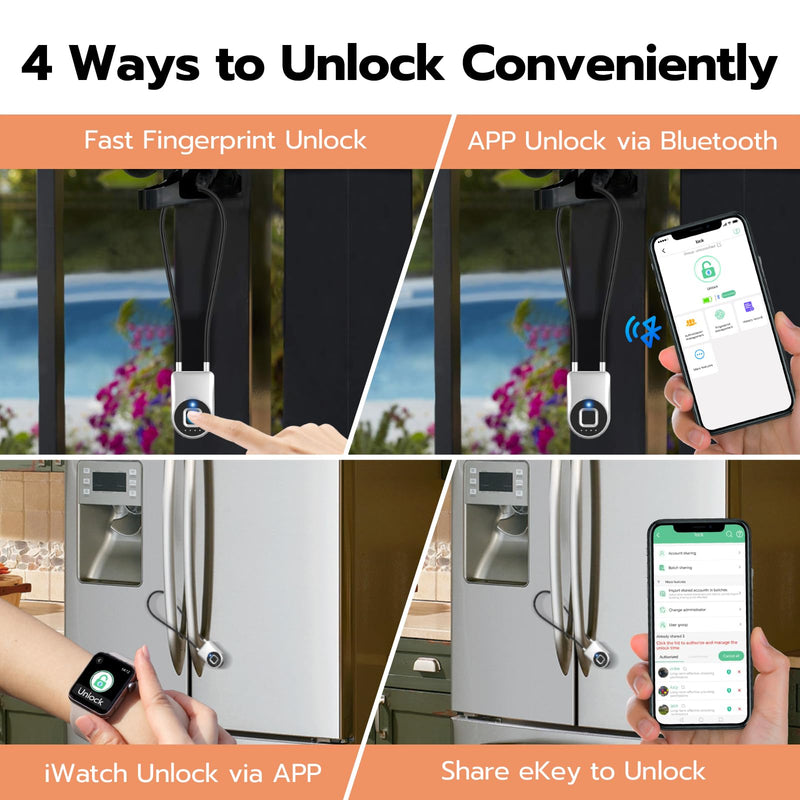 Fingerprint Cable Lock, eLinkSmart Fridge Locks with Bluetooth APP Control, Biometric Smart Padlock for Adults Baby Proof Cabinet Refrigerator French Door Cabinet Gate Locker Bike, 14.9'' Long Silver Silver-38cm