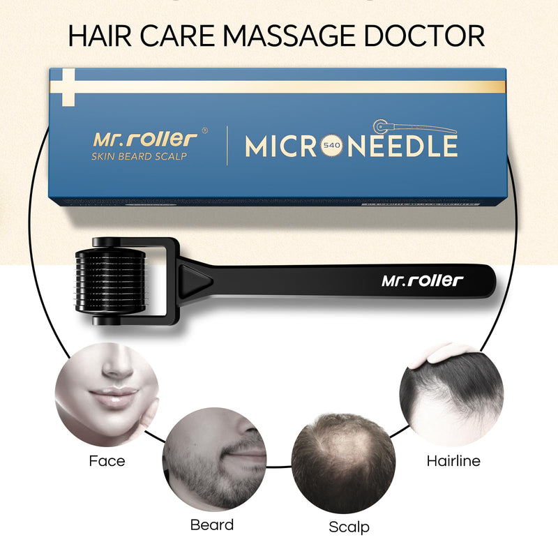Mr.roller Derma Roller 1mm for Hair Growth, Microneedle Roller for Face Scalp Body, Beard Roller for Beard Growth, 540 Titanium Micro Needling Roller with Case for Men Women 1.0mm Matte Black