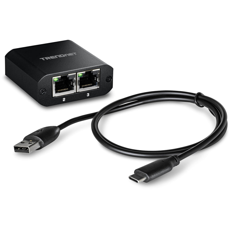 TRENDnet 2-Port Gigabit Splitter with USB Type C Power, TEG-102S, Splits One Network Connection Into Two, Ethernet Splitter, USB Type C Power Cable Included, NDAA & TAA Compliant
