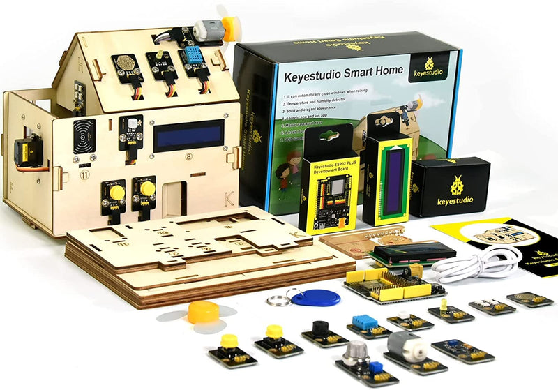 KEYESTUDIO IOT ESP32 Smart Home Starter Kit for Arduino and Python,Electronics Home Automation Coding Kit, Wooden House DIY Sensor Kit STEM Educational Set for Adults Teens 15+
