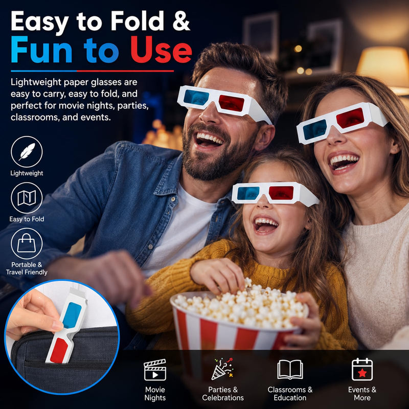 3D Cardboard Glasses, Red Blue and Cyan, 50 Pairs | Universal Stereoscopic, For Movies At Home, Movie-Specific Colors