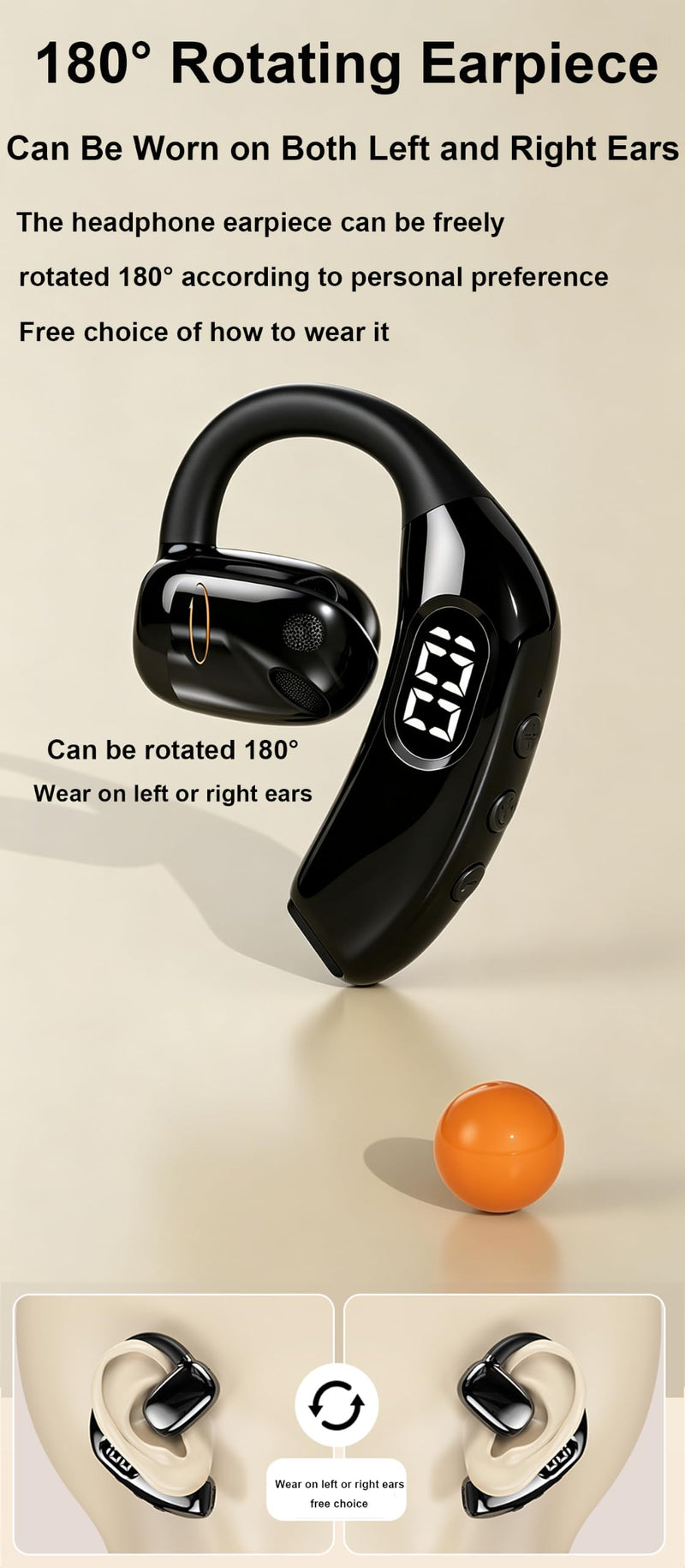 Single Bluetooth5.4 Earpiece Earbud One Ear Piece 180° Left and Right Ears TF Card Can be Inserted, Open Ear Bud Air Conduction Earless Out of Ear Headphones Wireless Headsets with Microphone Earhook