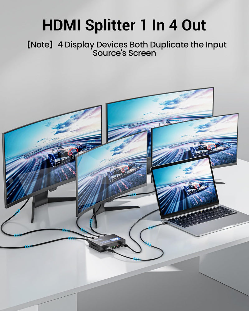 HDMI Splitter 1 in 4 Out 4K 30Hz HDMI-Splitter for 4 Monitors | with USB to DC Power Cable, 4 Way HDMI Distribution, Multi HDMI Adapter for PC/Laptop/HDTV/Projector, Mirror Only, Not Extend 1x4