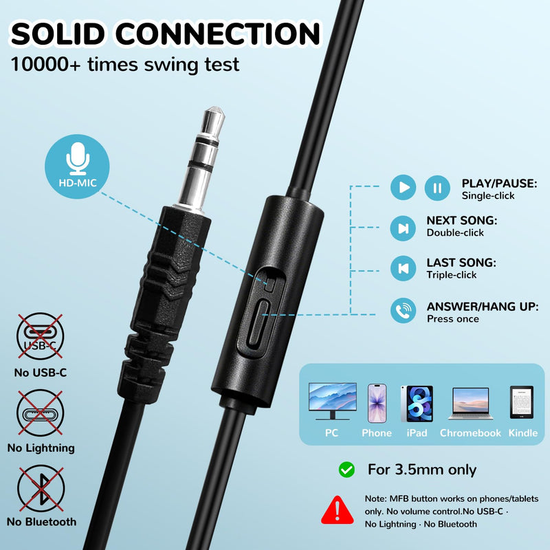 Kids Headphones Bulk 5 Pack with Microphone for School Classroom Students, Durable Wired On-Ear 3.5mm Jack Headset for Chromebook Tablets Computer Travel (HY30, 5Black) Black
