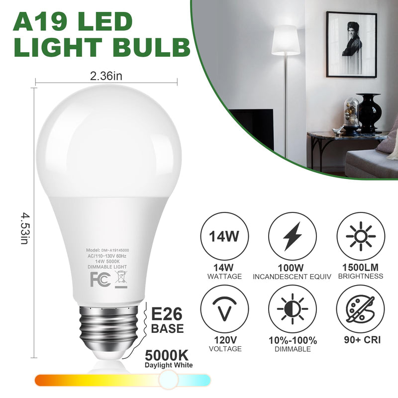 100Watt Equivalent LED Light Bulbs 5000K Daylight, Dimmable A19 LED Light Bulbs 14W 1500LM Bright LED Bulbs with E26 Standard Medium Base for Home Kitchen Bedroom Office Indoor, No Flicker, 16 Packs 5000k Daylight White