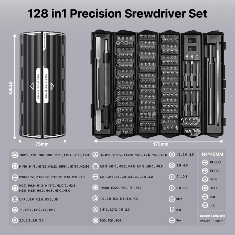 AXTH 128-in-1 Precision Screwdriver Set, Professional Magnetic Mini Repair Tool Kit for Phone, Computer, Watch, Laptop, Macbook, Ring Doorbell, Eyeglass, Electronic, [Bearing Steel] Screw Driver 128in1