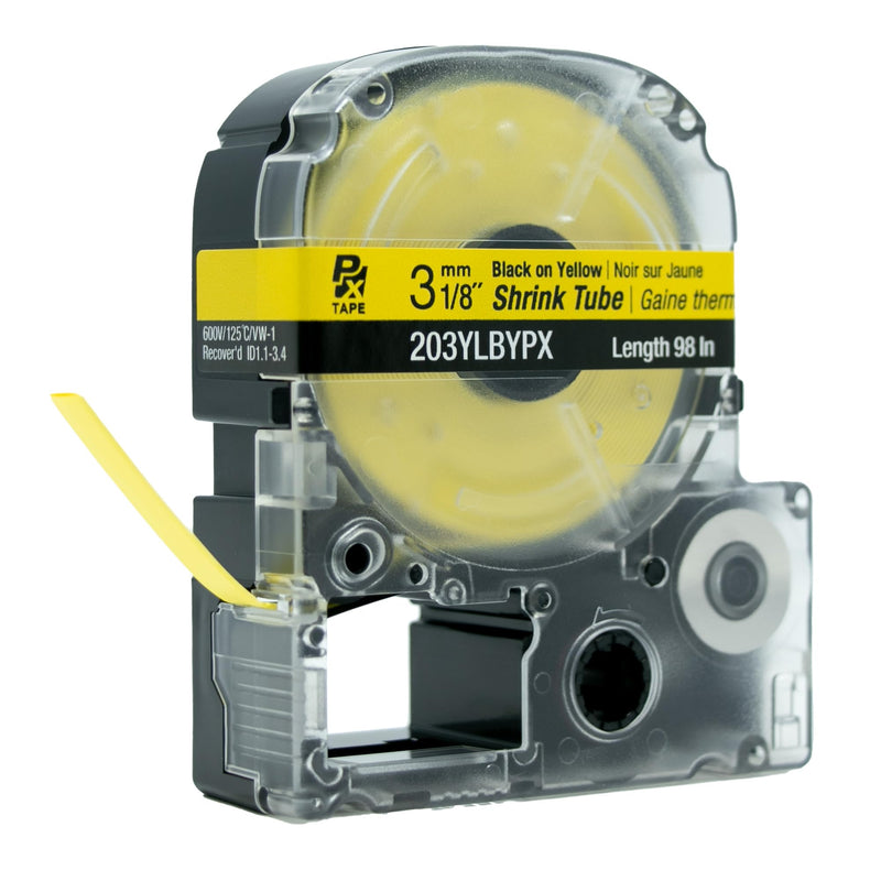 Epson LABELWORKS 203YLBYPX Tape Cartridge - Black on Yellow Shrink Tube Industrial Label Maker Tape - AWG 16-22, 1/8" (3MM) Wide, 8 ft (98") 3MM(16-22AWG)