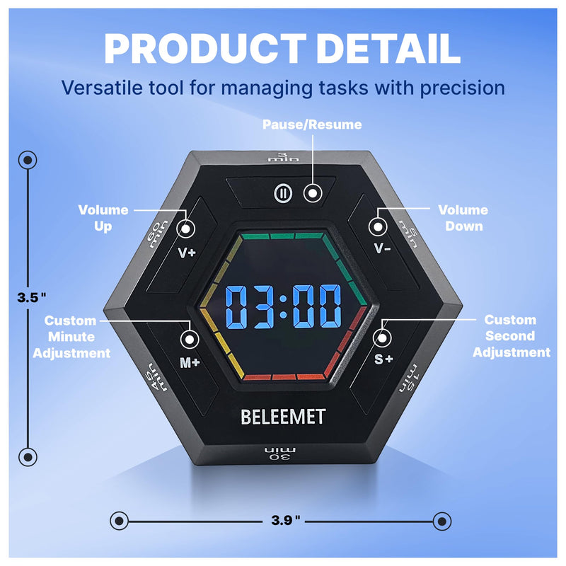 Pomodoro Timer,Hexagon Cube Magnetic Flip,ADHD Tools for Adults/Kids Task Timer for Office, Study, Exercise, Meditation,3/5/15/30/45/60min&Custom Digital Countdown, Adjustable Sound,Black