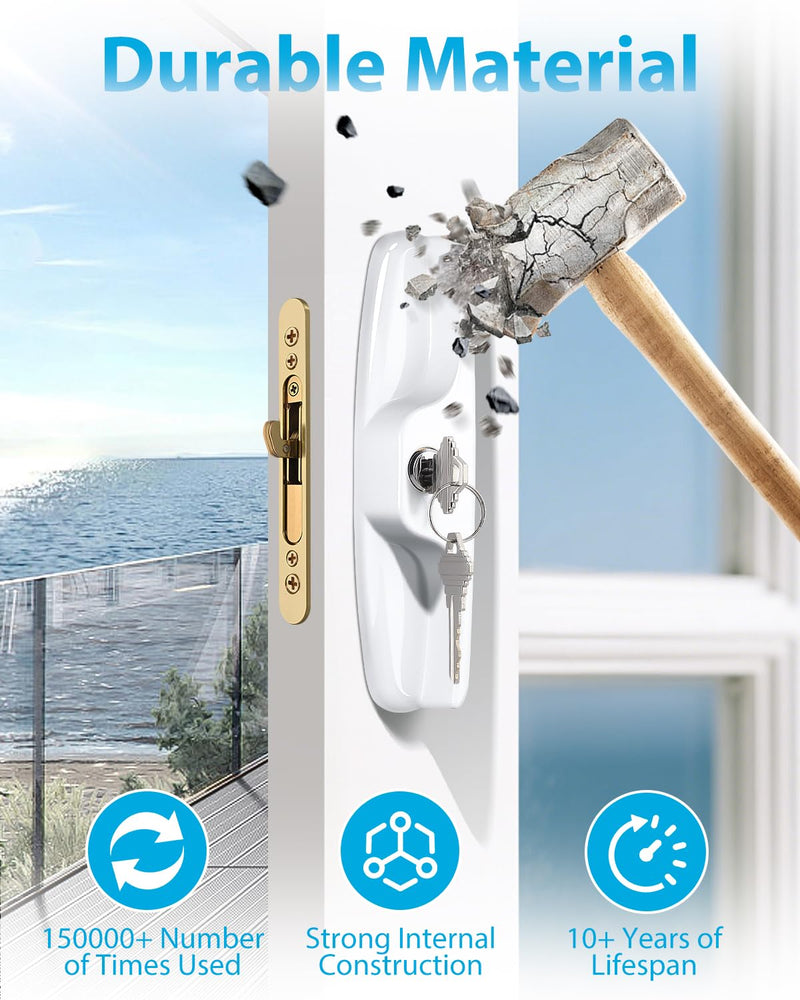Probrico Patio Sliding Door Lock Set with Key and Mortise Lock, Sliding Glass Door Handles 45° Keyway, Reversible White Sliding Door Lock Set Fits 3-15/16" Hole Spacing, 1" to 2" Thick Doors Handles(Keyed) + Mortise Lock