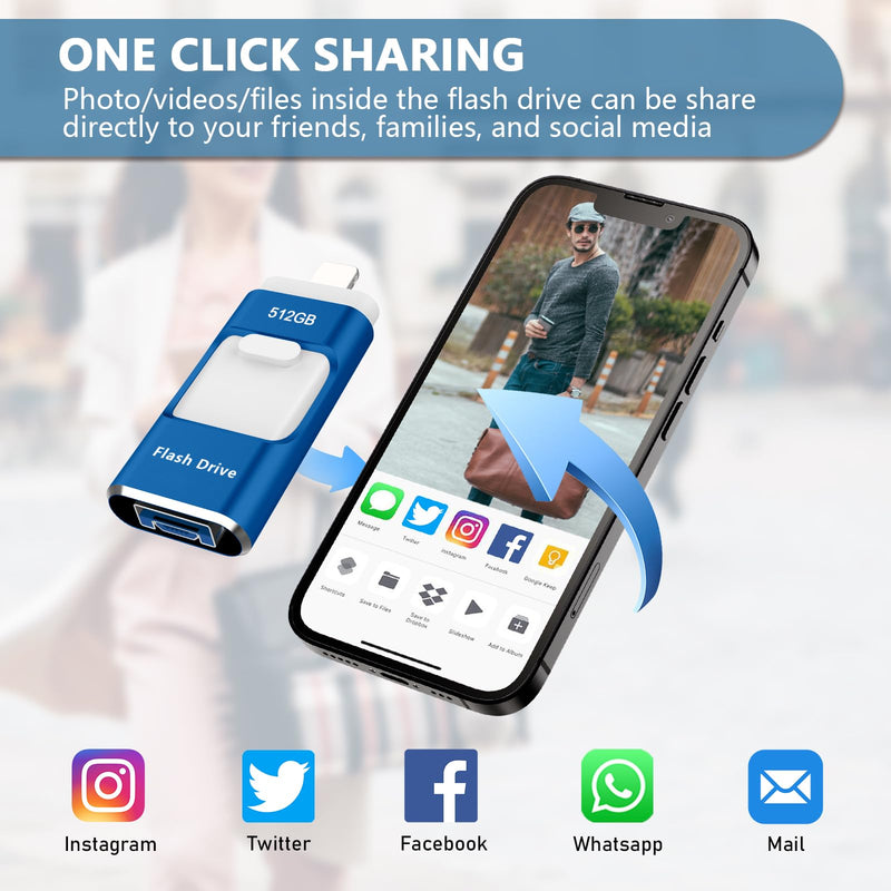 512GB Flash Drive[No App Required] Intended for Phone Tablet Androidphone and Computers, 4 in 1 Photo Stick for Phone Memory Storage Easily Backup Photos Videos（Blue） 512GB blue