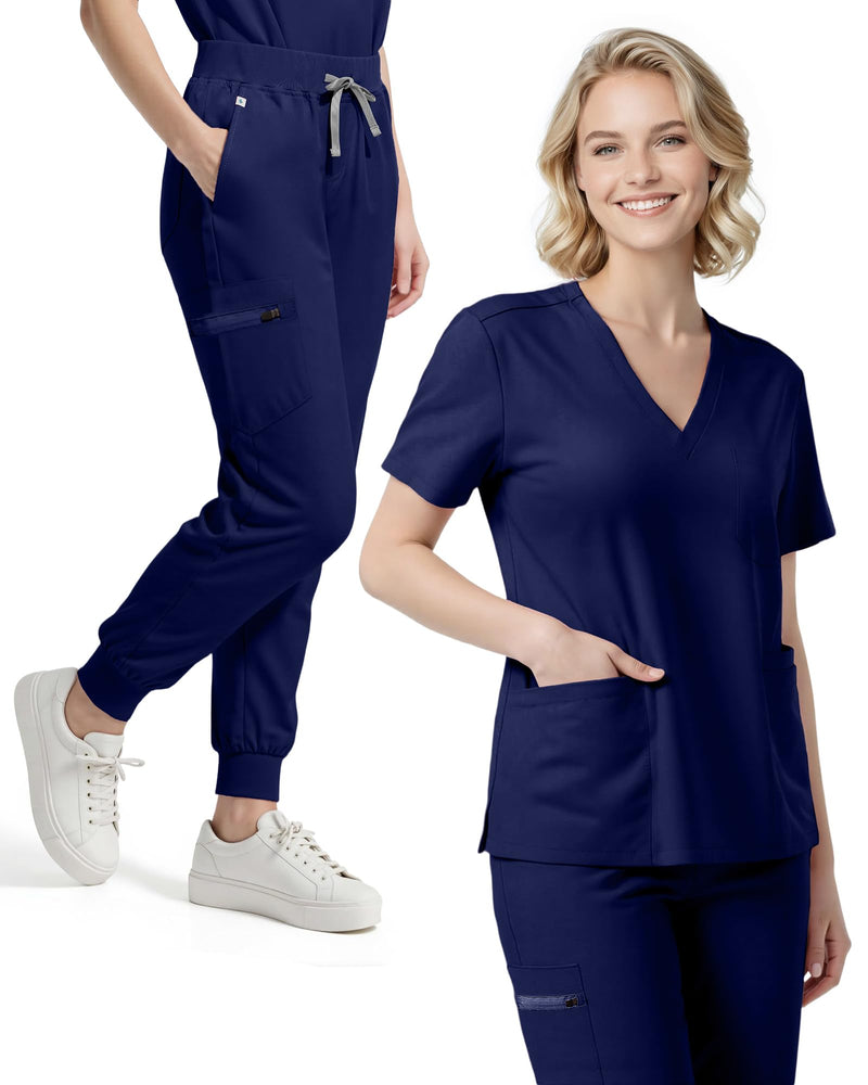 Scrubs for Women Set, Stretchy V-Neck Top & Jogger Pants with Multi-Pocket Yoga Waistband Large Navy Blue