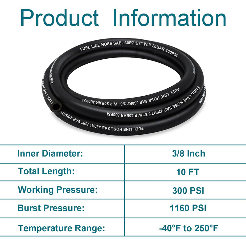Fuel Line 3/8 Inch ID, Fuel Hose 10FT, J30R7 Fuel Line Hose NBR with 10 Clamps. 3/8" ID 10Ft + 10 Clamps