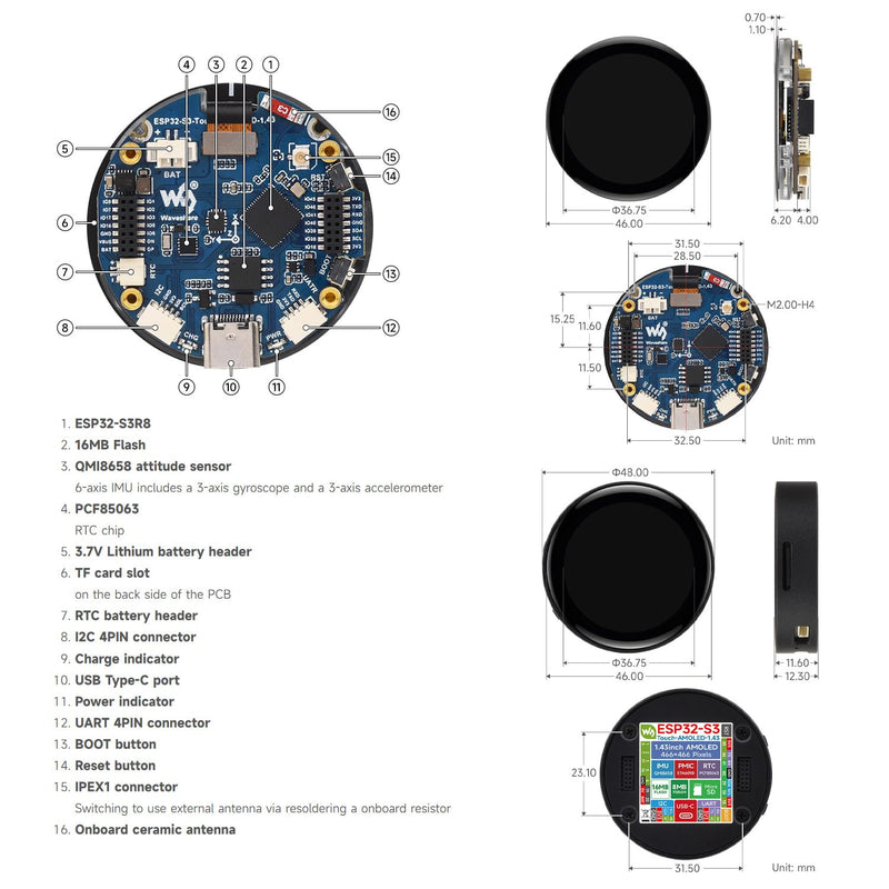 Waveshare ESP32-S3 1.43inch AMOLED Display Development Board, 466×466, QSPI Interface Round Display, Onboard Accelerometer and Gyroscope Sensor, RTC Chip, Without Case