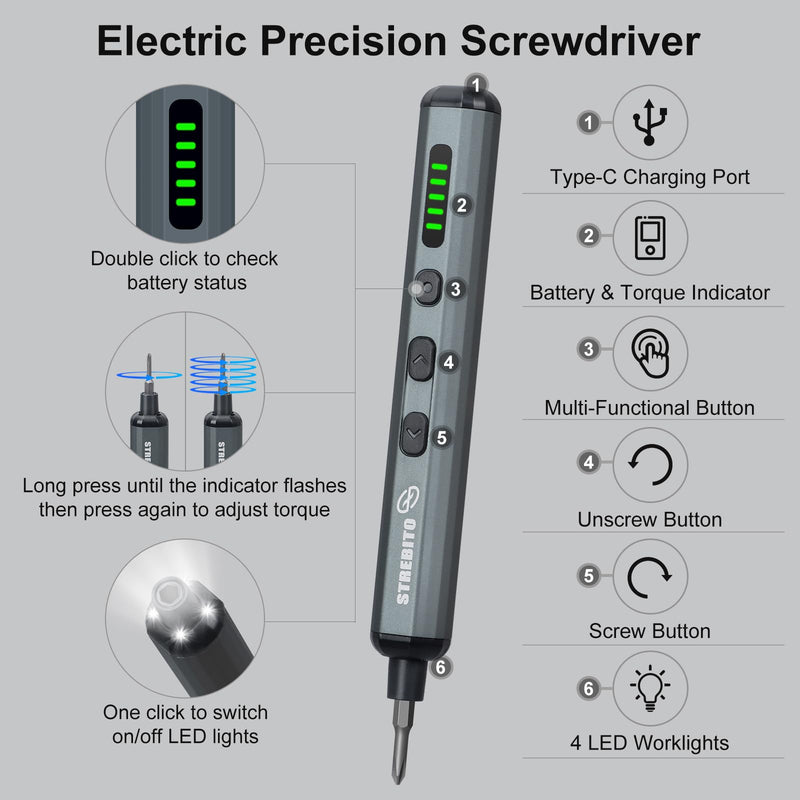 STREBITO Mini Electric Screwdriver Set, 70 in 1 Small Electric Screwdriver - 64 S2 Preicison Bits, 5 Torque Settings, 4 LED Lights, Mini Power Screwdriver Repair Tool Kit for PC Electronic (Standard) Standard