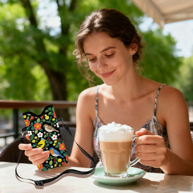 GLOBLELAND Flowers and Birds Cell Phone Sleeve Pouch Case Bag with Crossbody Strap Neck Lanyard for Women Men Flowers Birds