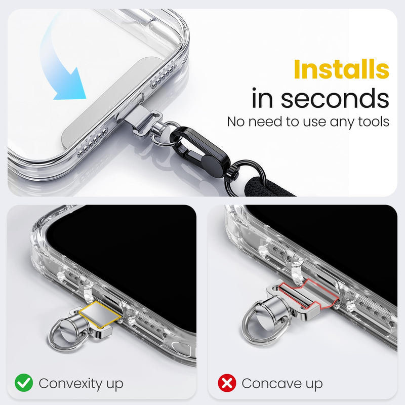 360° Rotatable Stainless Steel Phone Tether Tab - 3 Pack | Universal for iPhone & Other Phones, Fits Lanyard/Wrist Strap/Necklace/Crossbody Strap/Chain,0.0135" Ultra Thin C-black+gold+sliver