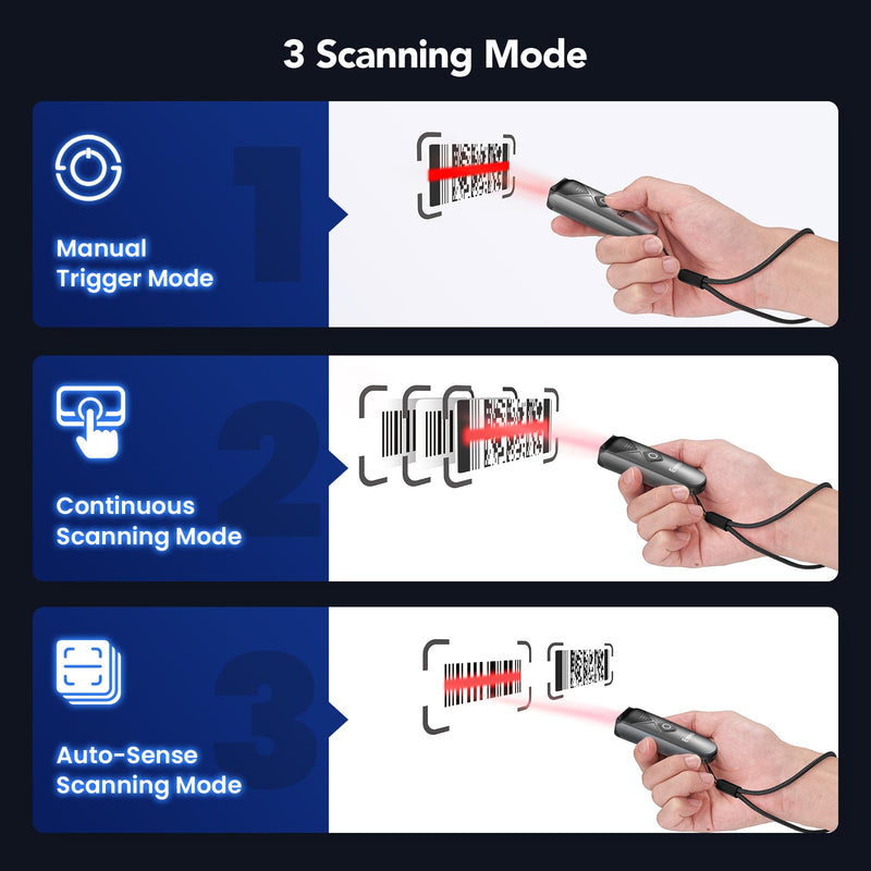 Eyoyo Bluetooth 2D&1D Barcode Scanner, Portable Wireless Mini Barcode Reader with 2.4G Wireless/Bluetooth/USB Wired Connection QR Code Scanner Compatible with Pad, Phone, Android, Tablet PC Grey