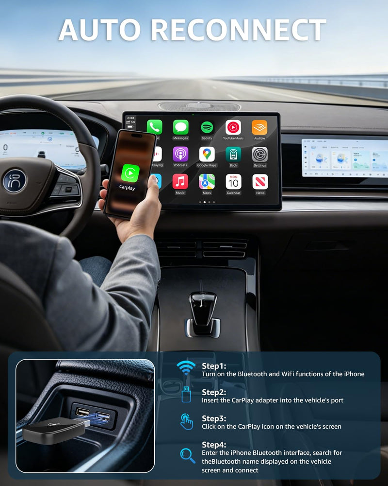 4 in 1 Wireless CarPlay Adapter Car Screen Mirroring Adapter for Apple iPhone& Android, Convert Wired CarPlay to Wireless, Stable Control & No Delay Latency, Plug and Play PureBlack