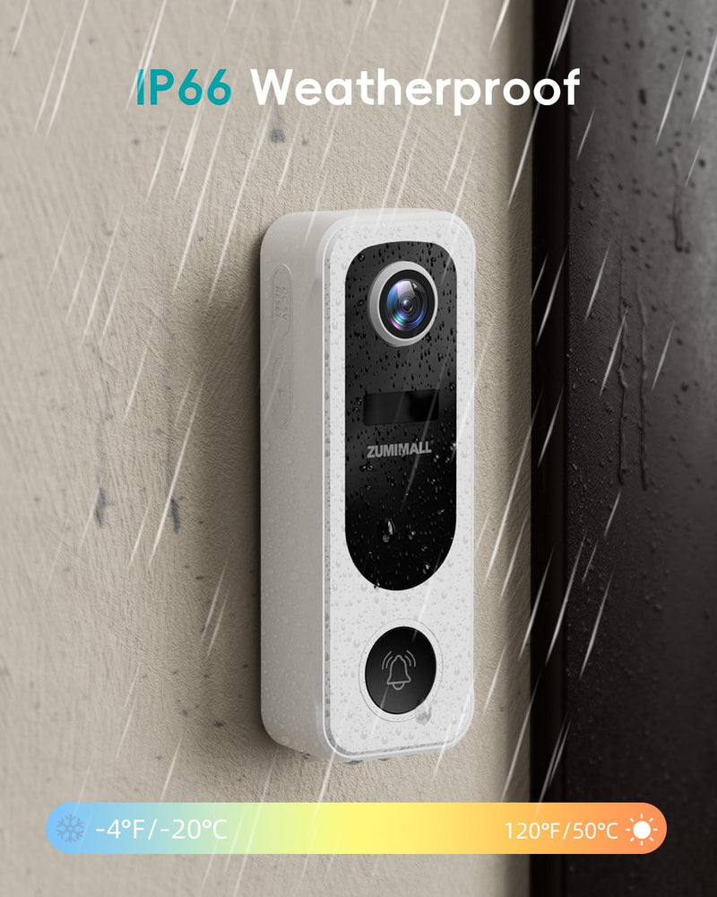 ZUMIMALL Doorbell Camera Wireless, Video Doorbell Wireless with Chime&SD, 2 Way Audio, Voice Changer, 30s Voice Message, Anti-Theft, AI Detection, 2.4Ghz WiFi, Battery Powered, Work with Alexa, White