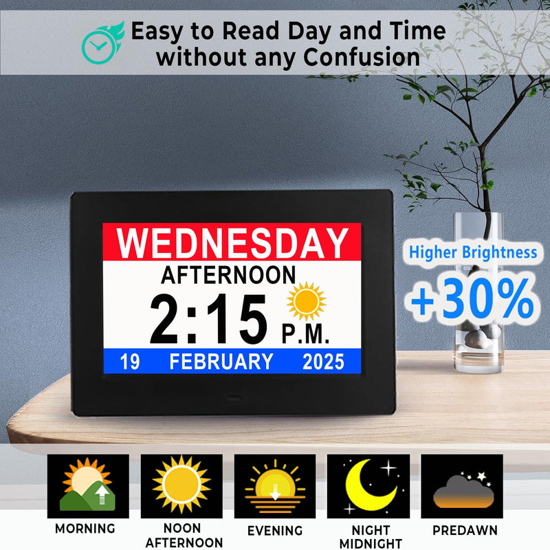 [New Version] 7 Inch Day Clock - 19 Alarms,20 Custom Reminder, Remote Control, Level 10 Auto Dimmable Display Calendar Clock, Non-Abbreviated Day Date Alarm Clock for Impaired Vision Dementia Seniors