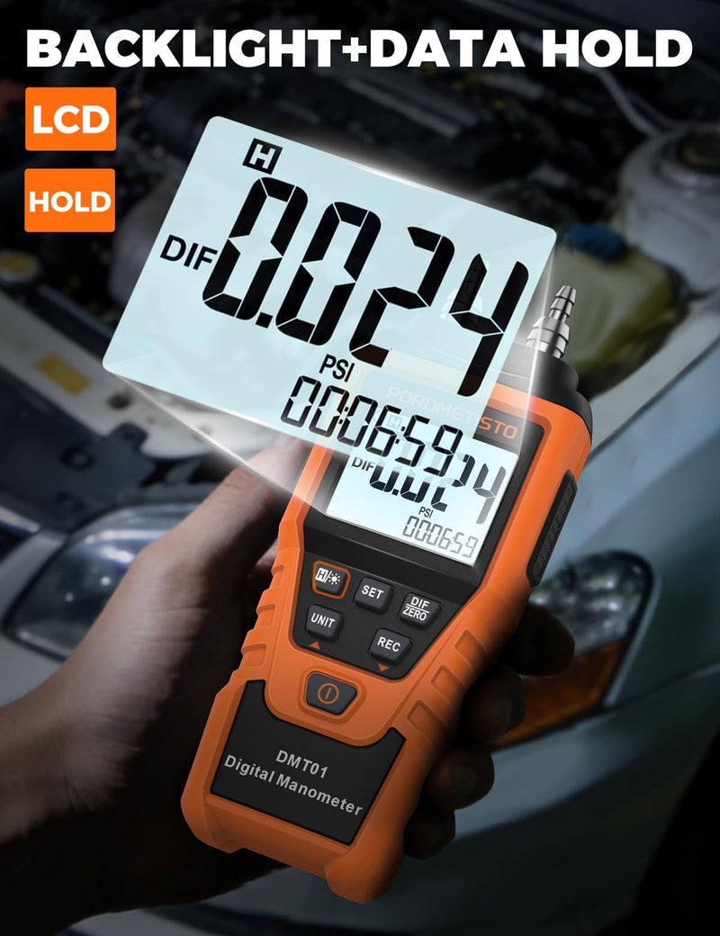 DMT01 Digital Manometer POROMETISTO, Manual Calibration Custom Zero, Real time Measurement, Max/Min/Avg Recording,HVAC Manometer, 12 Units Gas Pressure Tester, Differential Pressure Gauge