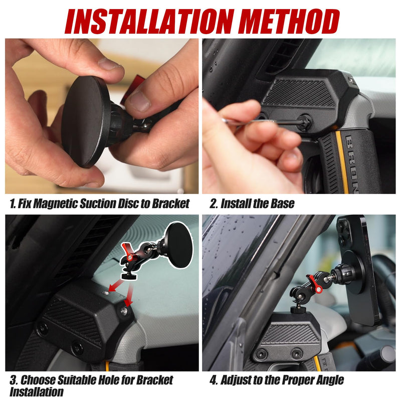 Mabett Magnetic Phone Holder for 2021-2026 Ford Bronco Accessories 2/4-Door | Not for Bronco Sport, Dual 360° Ball Joints, No Drilling or Adhesive, Secure Magnetic Hold