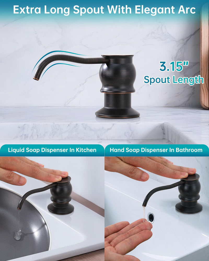 Brass Kitchen Soap Dispenser, Oil Rubbed Bronze in Sink Liquid Dish Soap Dispenser with High Capacity 500ML （17oz） ABS Bottle, Under Sink Hand Metal Dispenser Pump Without Hose