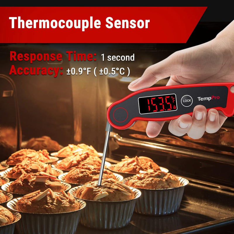 TempPro TP19 Waterproof Digital Meat Thermometer for Grilling with Ambidextrous Backlit & Thermocouple Instant Read Kitchen Cooking Food Thermometer for Candy Oil BBQ Smoker (Previously ThermoPro) Bright Red
