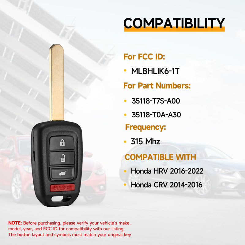 2 Pcs Smart Key Fob Replacement Fits for Honda HRV 2016 2017 2018 2019 2020 2021 2022 CRV 2014-2016 Car Keyless Entry Remote MLBHLIK6-1T 315MHz