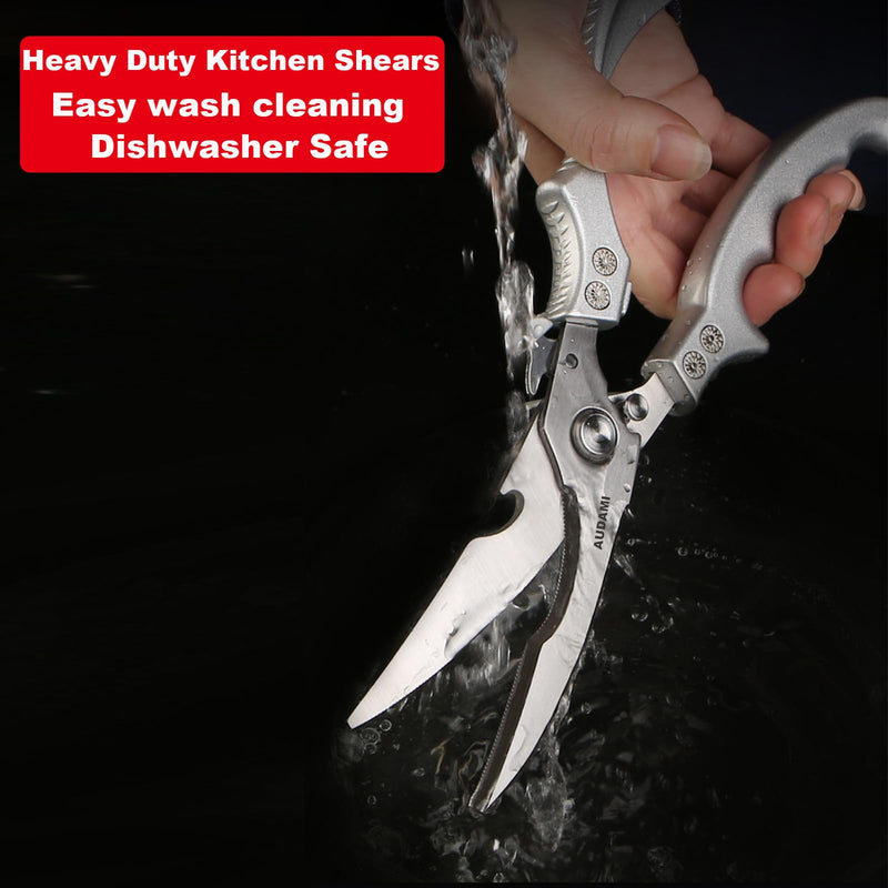 2 Pack Kitchen Shears,Heavy Duty Stainless Steel All-Purpose Poultry Meat Scissors for Cooking-Dishwasher Safe Silver+silver