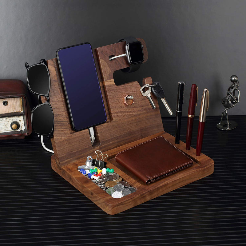 Wooden Phone Docking Station for Men - Engraved Nightstand Organizer, Phone Holder, Key, Wallet, Watch Stand, Christmas, Anniversary, Birthday Gifts for Boyfriend, Husband(Walnut) Brown Ebony Wood For Husband