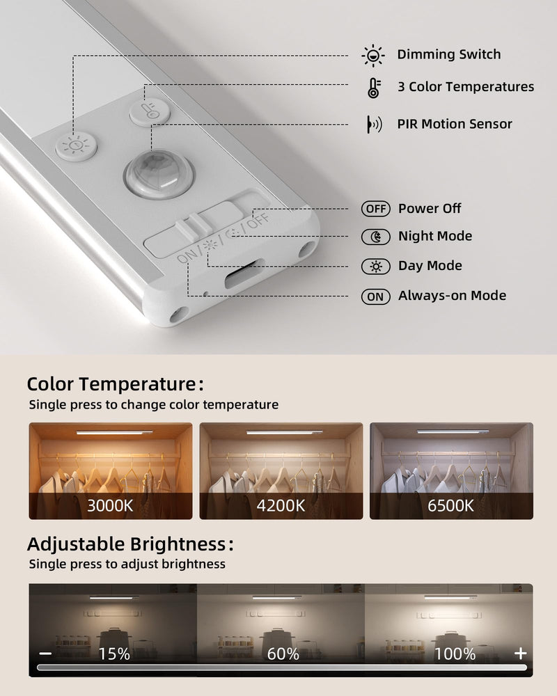 EZVALO 134 LED Under Cabinet Lights, 3200mAh Rechargeable Motion Sensor Light Indoor, Dimmable Magnetic Closet Lights with 3 Color Temps, Wireless Under Counter Lights for Kitchen, Stair (2 Pack) 14.5 inch Silver