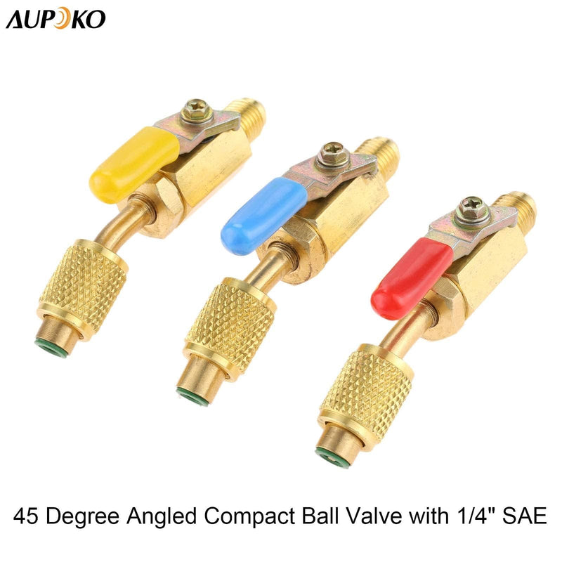 Aupoko Air Conditioning Refrigerant Angled Compact Ball Valve 1/4’’ SAE, R410A R134A R12 R22 AC HVAC and R12 R22 to R134A Shut Valve, Fits for HVAC R12 R22 R502 Charging Hoses AC Refrigerant Tools - 3