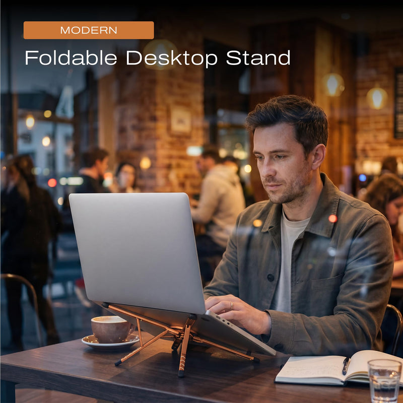 3-in-1 Magnetic Foldable Laptop Stand and Phone Stand for Desk Aluminum Alloy Adjustable Holder 10–16” Laptops & 4–13” Phones/Tablets, Magnetic Compatible with iPhone Android, Orange