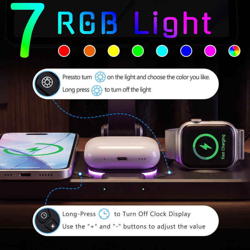 30W Charging Station for Apple Multiple Devices,Foldable Wireless Charger | 6 in 1 Magnetic Charger Station with Clock-7 RGB Light,Wired Charging Stand for iPhone17/iPad/Tablet/Apple Watch/AirPods