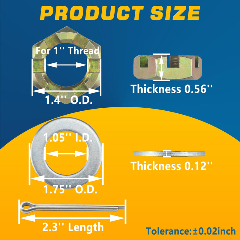 2Sets 1'' Trailer Axle Nut Kits 1'' Thread Spindle Castle Nuts Set with 1" I.D. Washers & 2.3'' Long Cotter Pins, Trailer Nut Kit for 1'' Shaft Spindle KIT#8 (2Set 1'' Trailer Axle Nut Kit)