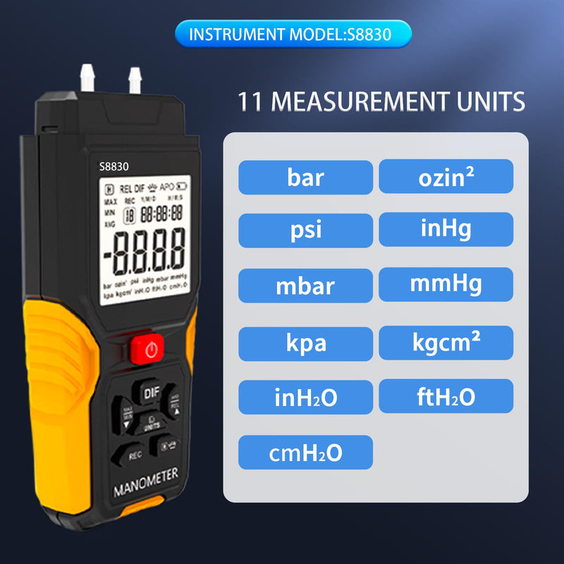 Digital Air Pressure Meter,+/-36.80kPa 147.7inH20 Dual-Port Manometer,Differential Pressure Gauge for air Conditioning Systems,Ventilation ducts,HVAC,Gas Pressure Tester
