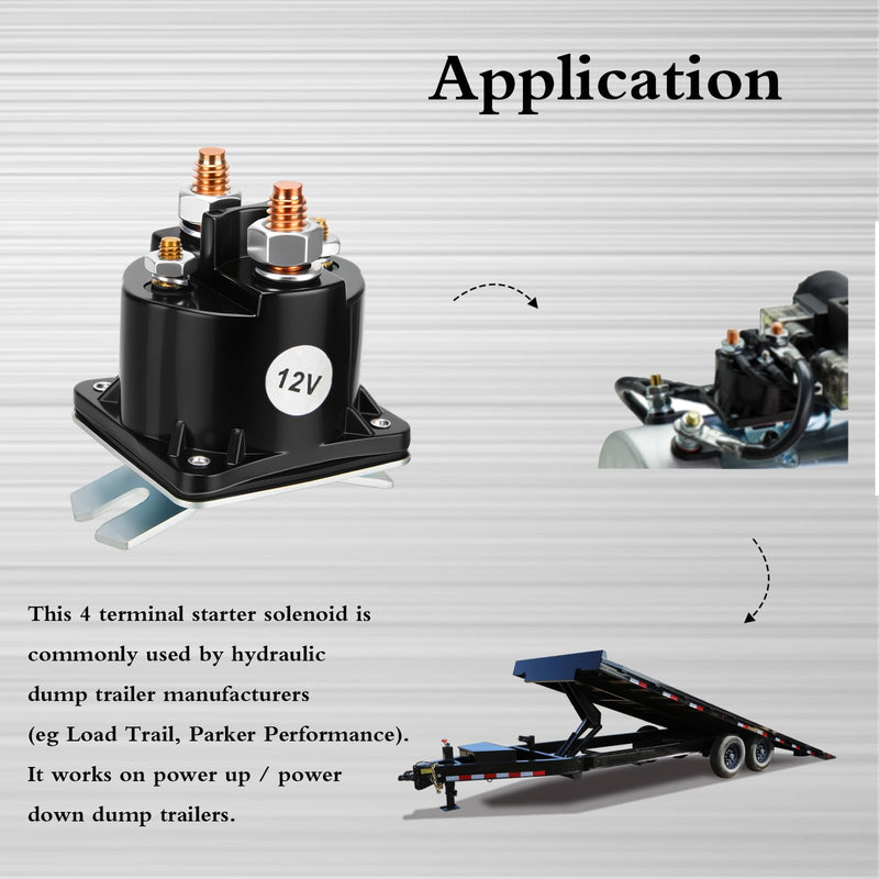 12V Dump Trailer Solenoid Relay, 4-Terminal Intermittent Duty Solenoid for Hydraulic Pumps, Replaces SAZ4201GJ, 7522, 070009, 190107, KTI 391-2-C (Fits Prestolite, Monarch, PJ Trailers, Iron Bull) 1