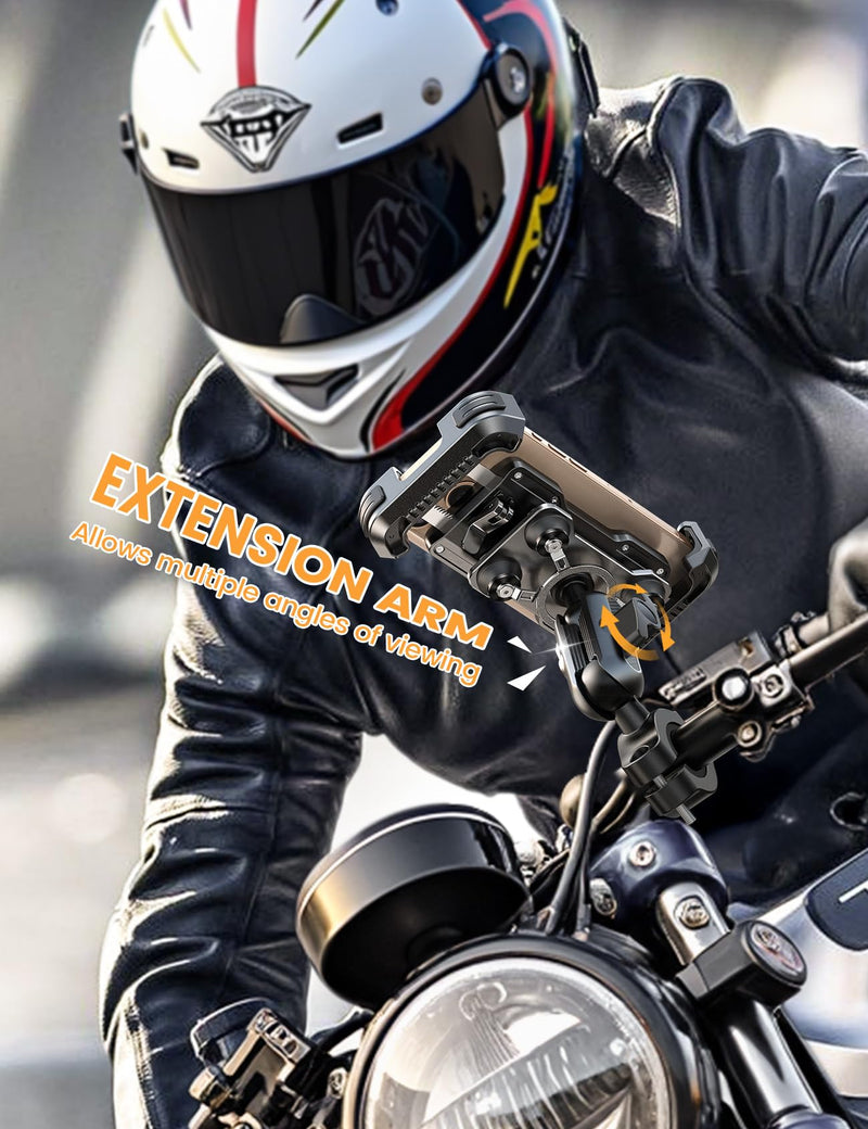 Lamicall Motorcycle Phone Mount Holder - [Metal Extension Arm] [Dual Vibration Dampener] Motorcycle Cell Phone Mount, Bike Bicycle Handlebar Phone Clamp, for iPhone 16/15/ 14 Pro Max, 4.7-6.7" Phones